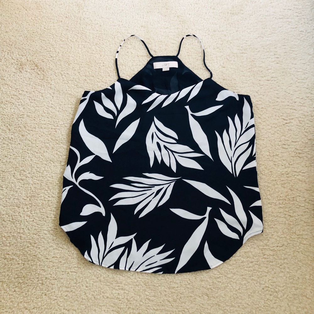 LOFT plant life leaf print navy white cami XS NWOT